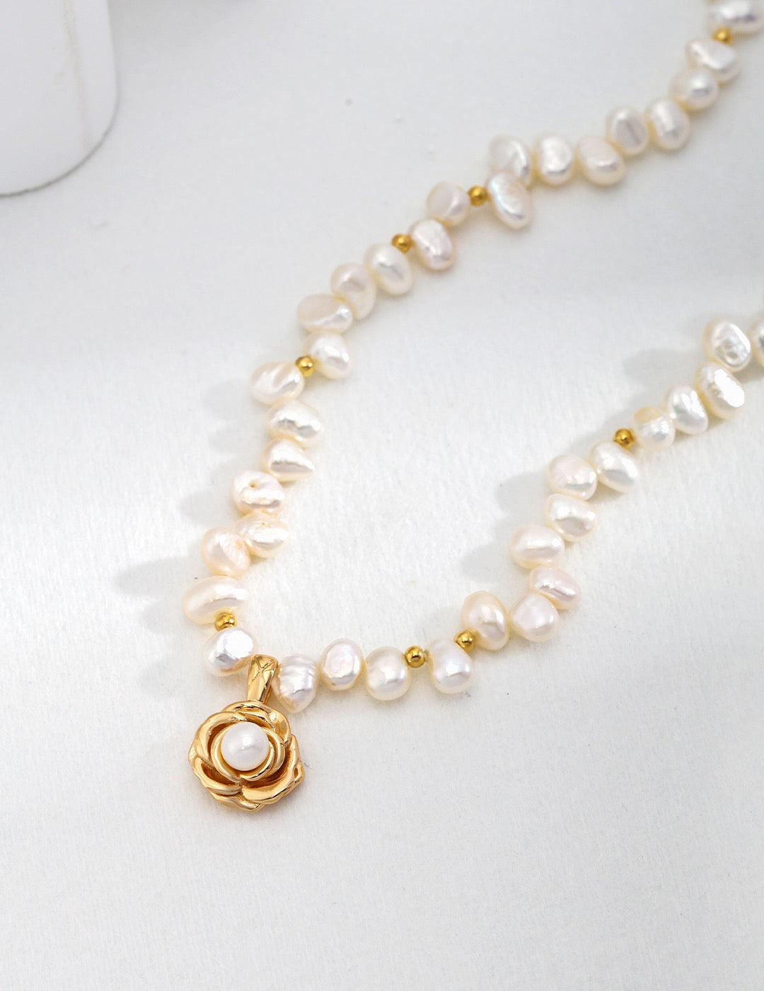 Camellia Pearl Necklace with camellia pendant and pearls, elegant jewelry.