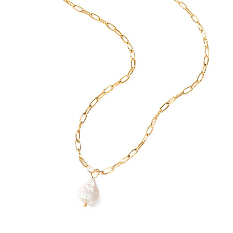 Small-link chain pearl pendant necklace with stainless steel and 14K gold plating.